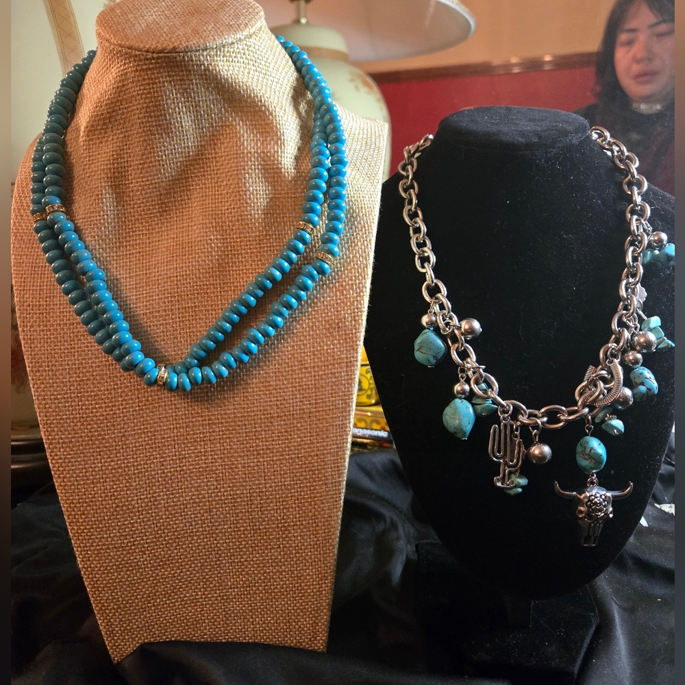 ⭐ Western Turquoise Necklace Set • Chunky Charm Necklace + Double Strand